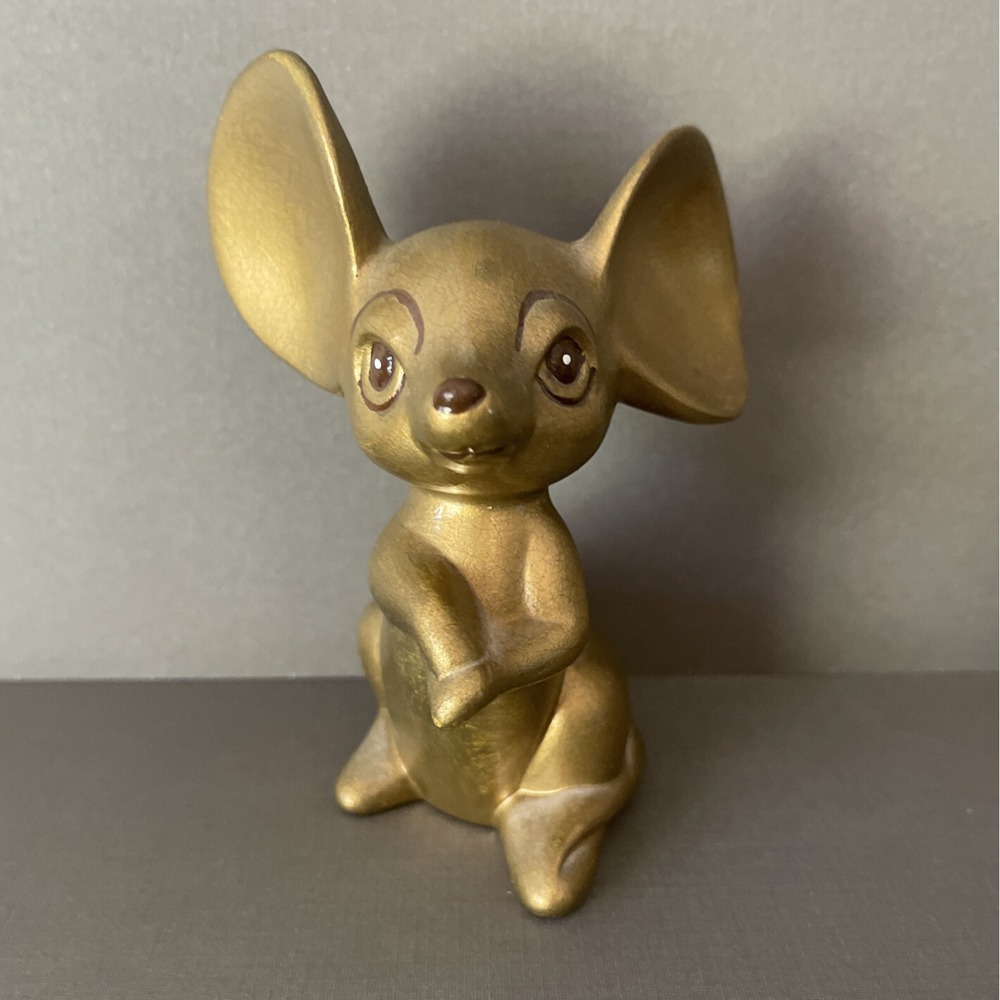 Vintage Midcentury Modern Big‎ Eared Mouse Figurine Statue Ceramic 5" Gold MCM
